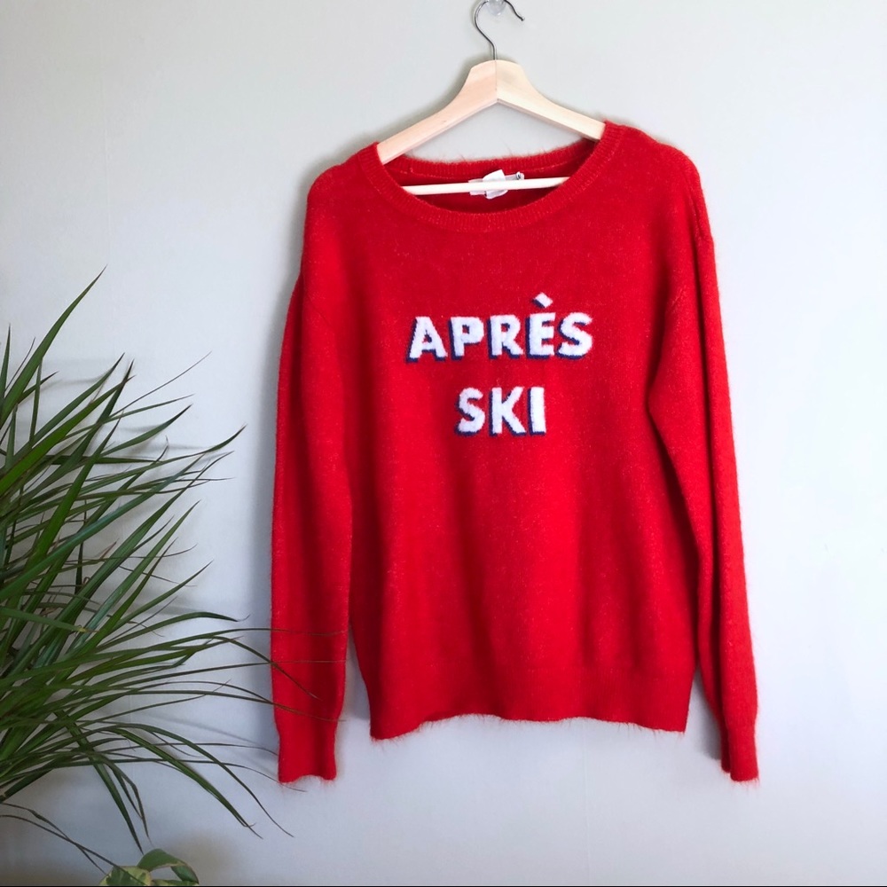 H&M apres ski red fuzzy sweatshirt crew sweater